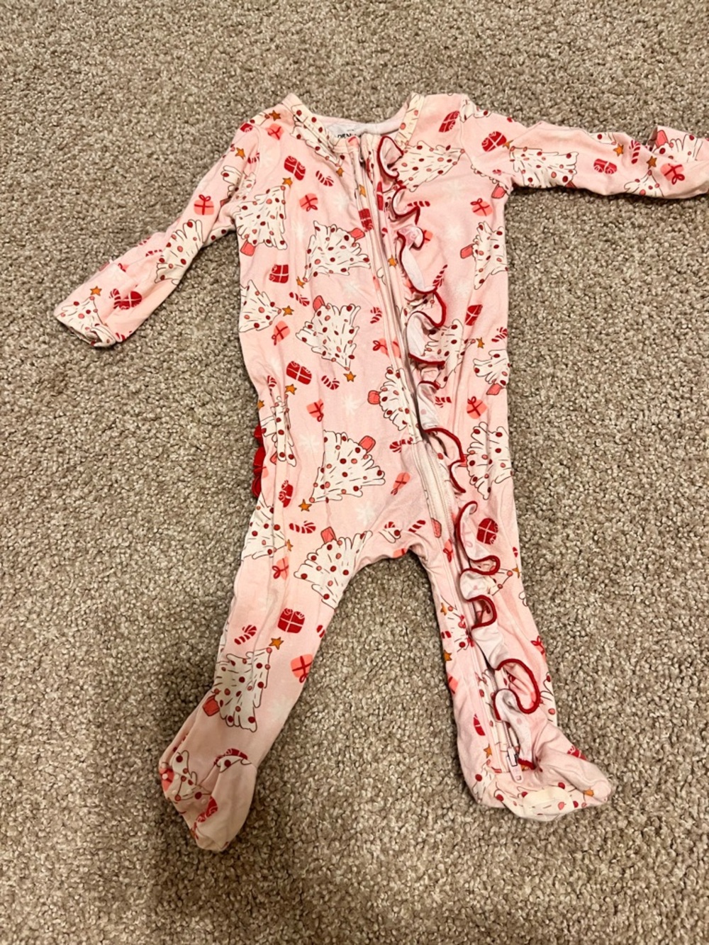 Caden Lane Pink Holiday Tree Ruffle Baby One-Piece